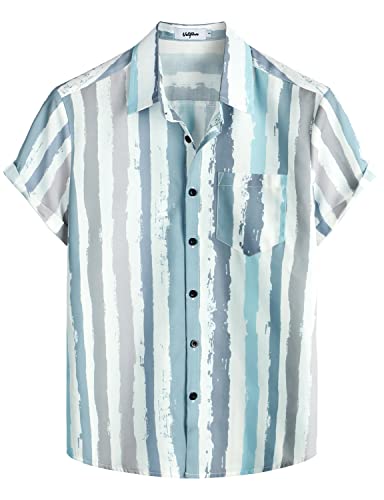 VATPAVE Herren Gestreifte Sommerhemden Casual Kurzarm Knopfleiste Strand Stilvolle Freizeithemden X-Large BlauGrau von VATPAVE