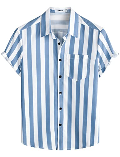 VATPAVE Herren Gestreifte Sommerhemden Casual Kurzarm Knopfleiste Strand Stilvolle Freizeithemden X-Large Royalblau von VATPAVE