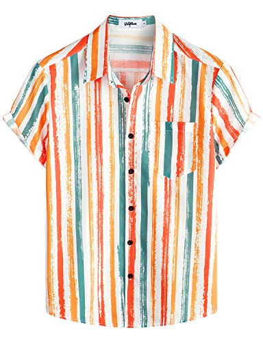VATPAVE Herren Gestreifte Sommerhemden Casual Kurzarm Knopfleiste Strand Stilvolle Freizeithemden XX-Large Orange von VATPAVE
