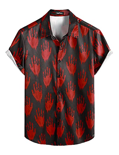 VATPAVE Herren Halloween Kürbisse Kurzarmhemden mit Knöpfen lässiges Totenkopfhemd Groß Schwarz Rot von VATPAVE