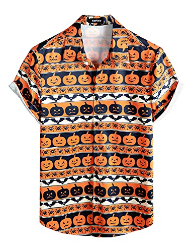VATPAVE Herren Halloween Kürbisse Kurzarmhemden mit Knöpfen lässiges Totenkopfhemd Klein Weiß Gelb von VATPAVE