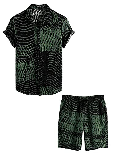 VATPAVE Herren Hawaii Hemd Blumen Sommer Outfit Männer Freizeit Kurzarm Strandhemd und Kurze Hosen 2 Teiler Set Freizeithemden für Herren Groß Dunkelgrün von VATPAVE