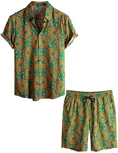VATPAVE Herren Hawaii Hemd Blumen Sommer Outfit Männer Freizeit Kurzarm Strandhemd und Kurze Hosen 2 Teiler Set Urlaub XX-Large Sonnenblume von VATPAVE