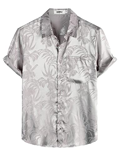 VATPAVE Herren Hawaii Hemd Männer Freizeit Kurzarm Sommerhemd Blumen Jacquard Strandhemd 70er Jahre Hemd X-Large Hell Grau von VATPAVE