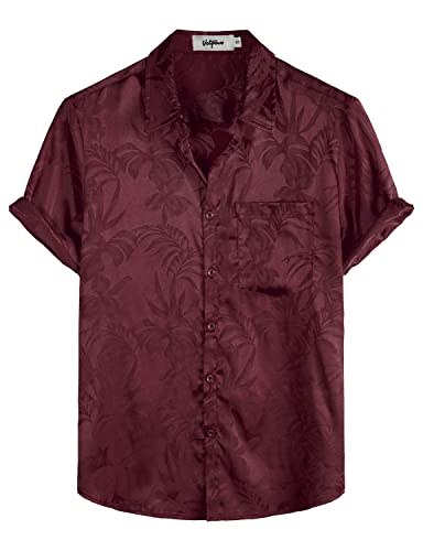 VATPAVE Herren Hawaii Hemd Männer Freizeit Kurzarm Sommerhemd Blumen Jacquard Strandhemd Hawaiihemd Groß Weinrot von VATPAVE