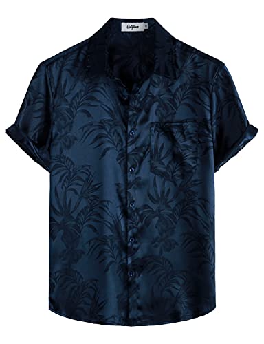 VATPAVE Herren Hawaii Hemd Männer Freizeit Kurzarm Sommerhemd Blumen Jacquard Strandhemd Regular Fit Klein Marine von VATPAVE