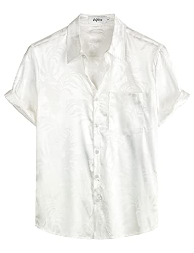 VATPAVE Herren Hawaii Hemd Männer Freizeit Kurzarm Sommerhemd Blumen Jacquard Strandhemd Regular Fit Klein Weiß von VATPAVE