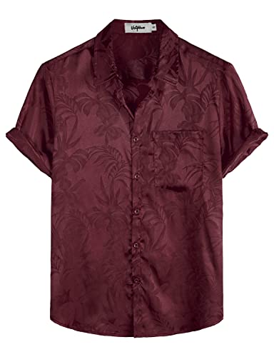 VATPAVE Herren Hawaii Hemd Männer Freizeit Kurzarm Sommerhemd Blumen Jacquard Strandhemd Satin Seide Hemd Mittel Weinrot von VATPAVE