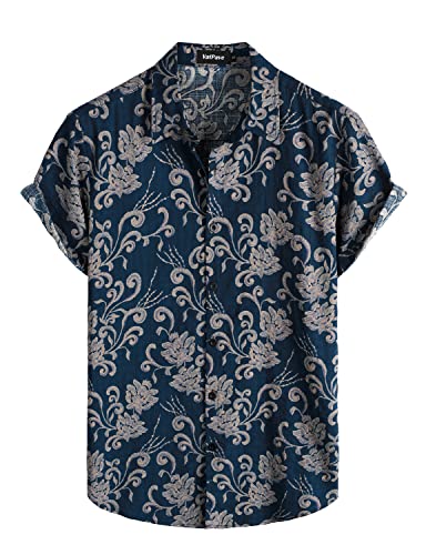 VATPAVE Herren Hawaii Hemd Männer Kurzarm Sommer Freizeithemd Casual Strand Blumen Hawaiihemd X-Large MarineblauVintage von VATPAVE