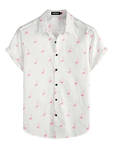 VATPAVE Herren Baumwolle Hawaii Hemd männer Blumen Freizeit Kurzarmhemd Sommerhemd Floral Mittel Weiß Flamingo von VATPAVE