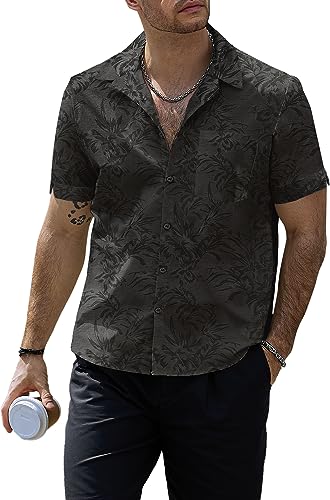 VATPAVE Herren Hawaii Hemden Männer Floral Jacquard Freizeithemd Knopfleiste Kurzarm Sommer Hemden mit Tasche 3X-Large Dunkel Grau von VATPAVE