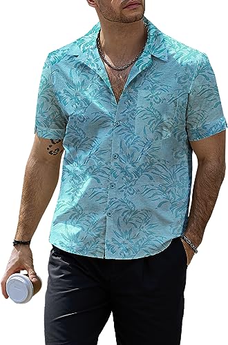 VATPAVE Herren Hawaii Hemden Männer Floral Jacquard Freizeithemd Knopfleiste Kurzarm Sommer Hemden mit Tasche Aloha X-Large Aqual Grün von VATPAVE