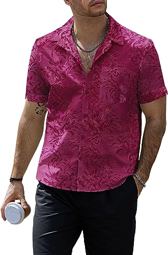 VATPAVE Herren Hawaii Hemden Männer Floral Jacquard Freizeithemd Knopfleiste Kurzarm Sommer Hemden mit Tasche Blumen XX-Large Weinrot von VATPAVE
