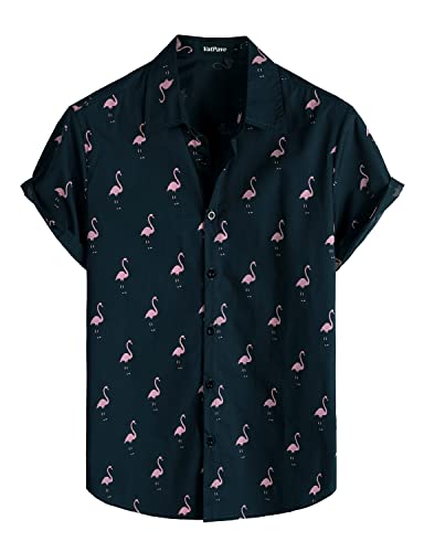 VATPAVE Herren Baumwolle Hawaii Hemd männer Blumen Freizeit Kurzarmhemd Sommerhemd Regular Fit 3X-Large Marine Flamingo von VATPAVE