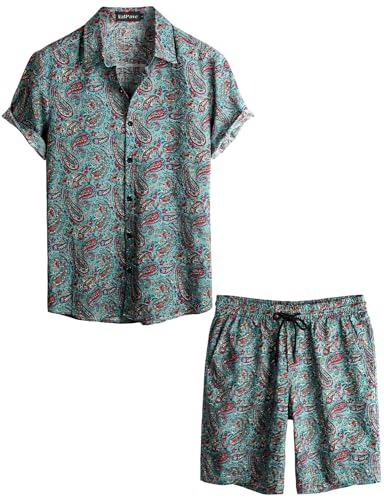 VATPAVE Herren Hawaii Hemd Blumen Sommer Outfit Männer Freizeit Kurzarm Strandhemd und kurze Hosen 2 Teiler Set Rave Outfit 3X-Large Grün von VATPAVE