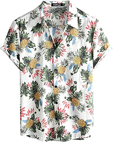 VATPAVE Herren Hawaii Hemd Männer Kurzarm Sommer Freizeithemd Casual Strand Blumen Hawaiihemd X-Large WeißAnanas von VATPAVE