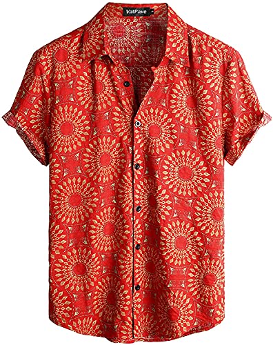 VATPAVE Herren Hawaii Hemd Männer Kurzarm Sommer Freizeithemd Casual Strand Blumen Hawaiihemd Klein Rot Gelb von VATPAVE