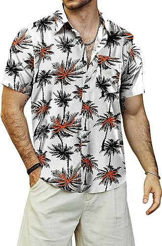 VATPAVE Herren HawaiiHemden Floral Baumwolle Leinen Freizeithemd Shirts Button Down Kurzarm Strand Hemden XX-Large SchwarzOrange Blume von VATPAVE