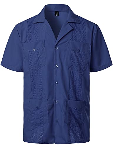 VATPAVE Herren Sommer Hemd Männer Freizeithemden Guayabera Kurzarmhemd Lagerhalsband Freizeit Strandhemd Club XX-Large Saphirblau von VATPAVE