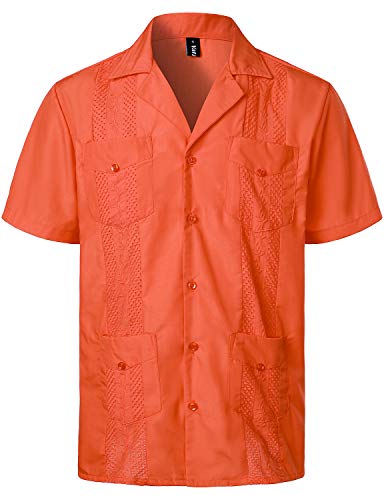 VATPAVE Herren Sommer Hemd Männer Freizeithemden Guayabera Kurzarmhemd Lagerhalsband Freizeit Strandhemd Urlaub Mittel Orange von VATPAVE