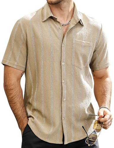 VATPAVE Herren Sommer Gestreifte Hemden Button Down Kurzarm Vintage Strand Hawaii Hemden mit Tasche 3X-Large Khaki von VATPAVE