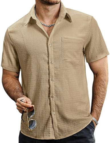 VATPAVE Herren Sommer Gestreifte Hemden Button Down Kurzarm Vintage Strand Hawaii Hemden mit Tasche 3X-Large Reines Khaki von VATPAVE