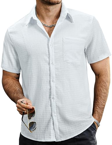 VATPAVE Herren Sommer Gestreifte Hemden Button Down Kurzarm Vintage Strand Hawaii Hemden mit Tasche 3X-Large Reines Weiß von VATPAVE