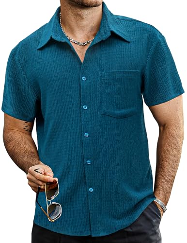 VATPAVE Herren Sommer Gestreifte Hemden Button Down Kurzarm Vintage Strand Hawaii Hemden mit Tasche Groß Reines Königsblau von VATPAVE