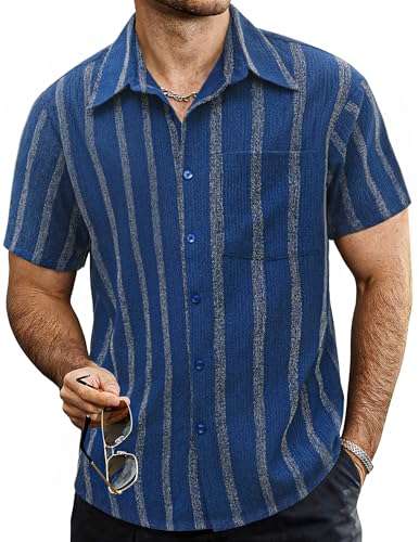 VATPAVE Herren Sommer Gestreifte Hemden Button Down Kurzarm Vintage Strand Hawaii Hemden mit Tasche Klein Dunkelblau von VATPAVE
