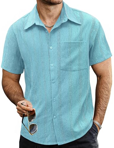 VATPAVE Herren Sommer Gestreifte Hemden Button Down Kurzarm Vintage Strand Hawaii Hemden mit Tasche Klein Hellblau von VATPAVE
