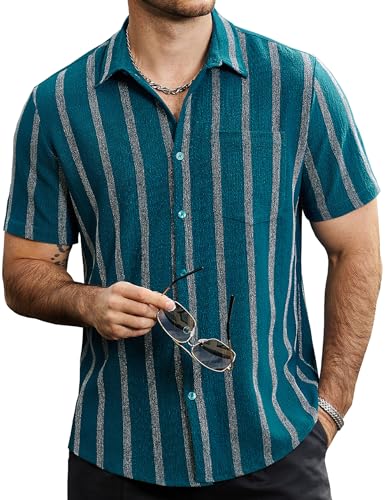 VATPAVE Herren Sommer Gestreifte Hemden Button Down Kurzarm Vintage Strand Hawaii Hemden mit Tasche Klein Königsblau von VATPAVE