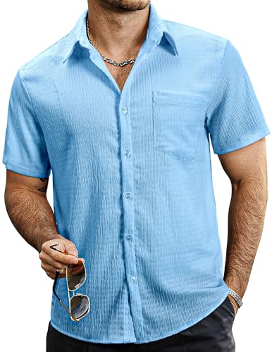 VATPAVE Herren Sommer Gestreifte Hemden Button Down Kurzarm Vintage Strand Hawaii Hemden mit Tasche Klein Reines Hellblau von VATPAVE