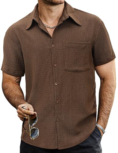 VATPAVE Herren Sommer Gestreifte Hemden Button Down Kurzarm Vintage Strand Hawaii Hemden mit Tasche Klein Reines Kaffee von VATPAVE