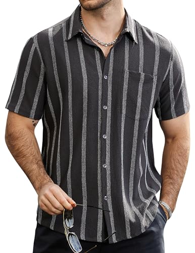 VATPAVE Herren Sommer Gestreifte Hemden Button Down Kurzarm Vintage Strand Hawaii Hemden mit Tasche Mittel Dunkelgrau von VATPAVE