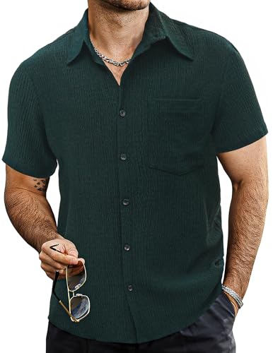 VATPAVE Herren Sommer Gestreifte Hemden Button Down Kurzarm Vintage Strand Hawaii Hemden mit Tasche Mittel Reines Schwarzgrün von VATPAVE