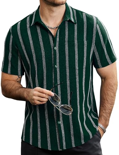 VATPAVE Herren Sommer Gestreifte Hemden Button Down Kurzarm Vintage Strand Hawaii Hemden mit Tasche XX-Large Schwarz Grün von VATPAVE