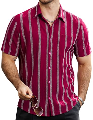 VATPAVE Herren Sommer Gestreifte Hemden Button Down Kurzarm Vintage Strand Hawaii Hemden mit Tasche XX-Large Weinrot von VATPAVE