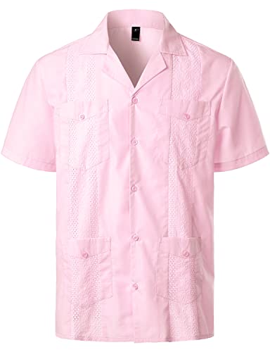 VATPAVE Herren Sommer Hemd Männer Freizeithemden Guayabera Kurzarmhemd Lagerhalsband Freizeit Strandhemd Regular Fit 4X-Large Rosa von VATPAVE