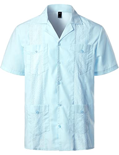 VATPAVE Herren Sommer Hemd Männer Freizeithemden Guayabera Kurzarmhemd Lagerhalsband Freizeit Strandhemd Stickerei Groß Hell Blau von VATPAVE