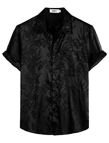 VATPAVE Herren Hawaii Hemd Männer Freizeit Kurzarm Sommerhemd Blumen Jacquard Strandhemd 70er Jahre Hemd X-Large Schwarz von VATPAVE