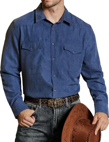 VATPAVE Herren Western Cowboy Hemden Knopfleiste Langarm Arbeits Hemden für Männer mit Zwei Taschen Groß Königsblau von VATPAVE