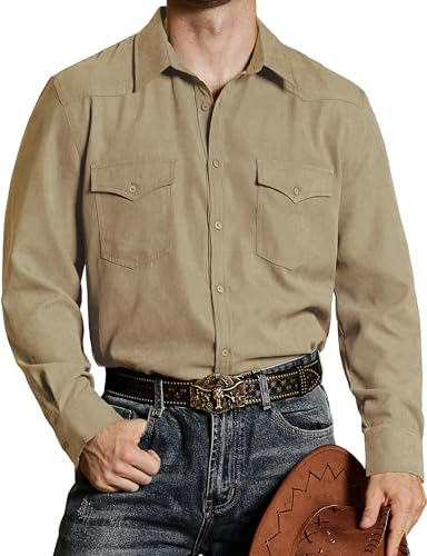 VATPAVE Herren Western Cowboy Hemden Knopfleiste Langarm Arbeits Hemden für Männer mit Zwei Taschen Klein Khaki von VATPAVE