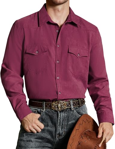 VATPAVE Herren Western Cowboy Hemden Knopfleiste Langarm Arbeits Hemden für Männer mit Zwei Taschen Klein Rot von VATPAVE