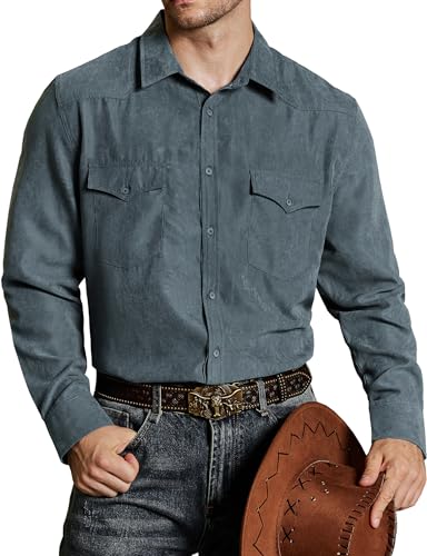 VATPAVE Herren Western Cowboy Hemden Knopfleiste Langarm Arbeits Hemden für Männer mit Zwei Taschen Mittel Dunkelgrau von VATPAVE