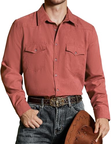 VATPAVE Herren Western Cowboy Hemden Knopfleiste Langarm Arbeits Hemden für Männer mit Zwei Taschen Mittel Orange von VATPAVE