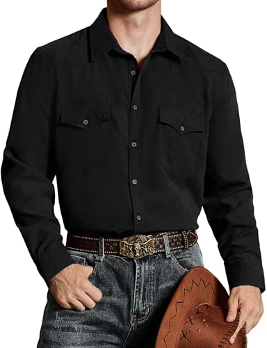 VATPAVE Herren Western Cowboy Hemden Knopfleiste Langarm Arbeits Hemden für Männer mit Zwei Taschen Mittel Schwarz von VATPAVE