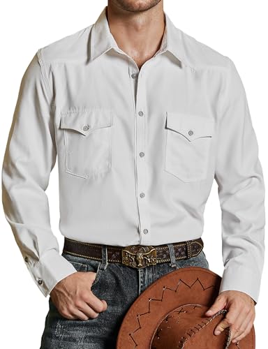 VATPAVE Herren Western Cowboy Hemden Knopfleiste Langarm Arbeits Hemden für Männer mit Zwei Taschen Mittel Weiß von VATPAVE
