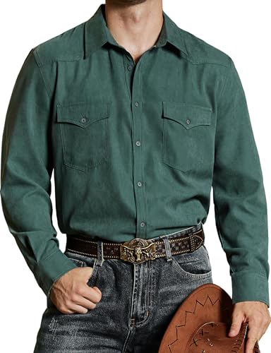 VATPAVE Herren Western Cowboy Hemden Knopfleiste Langarm Arbeits Hemden für Männer mit Zwei Taschen X-Large Grün von VATPAVE