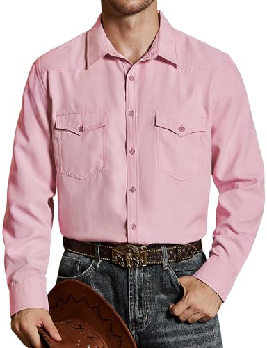 VATPAVE Herren Western Cowboy Hemden Knopfleiste Langarm Arbeits Hemden für Männer mit Zwei Taschen X-Large Rosa von VATPAVE