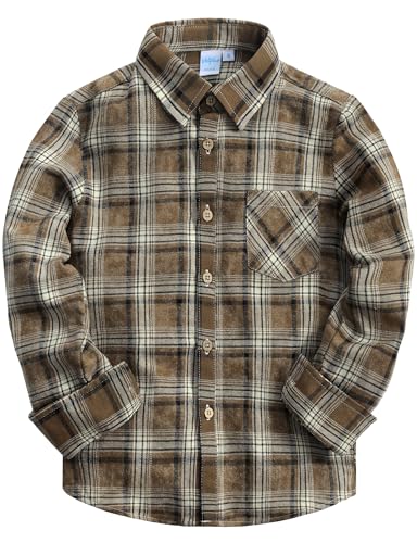 VATPAVE Jungen Baumwolle Flanell Button Down Hemd lässig Langarm Karierte Hemden 8 Khaki von VATPAVE